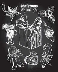 Set of Christmas attributes: Christmas decorations, gingerbread man, gift box, holly, candy, gingerbread, mulled wine. Hand drawn vector Illustration.