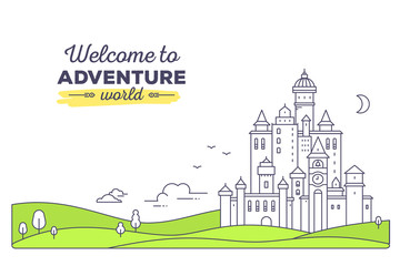 Obraz premium Vector template with illustration of landscape. Castle with tree, cloud on white background with green meadow and title.