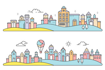 Vector colorful illustration of detailed city landscape on white background with meadow. Set of urban european city with tree, cloud, air balloon.