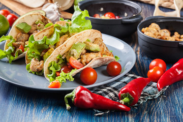 Authentic mexican tacos with chicken and salsa with avocado, tomatoes and chillies