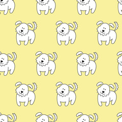 Obraz premium Seamless pattern with cartoon dogs on the yellow background.