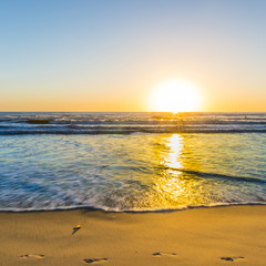 The bright sun of California. Footprints on the sand of the beach. Sunset bright sun sets over the horizon. Beautiful beaches of California. South of the USA - 175942692