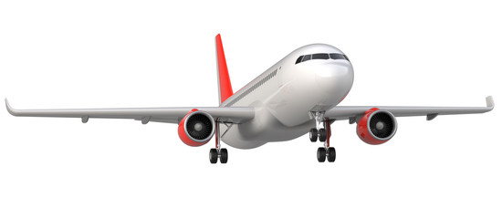 High detailed white airliner with a red tail wing, 3d render on a white background. Airplane Take Off, isolated 3d illustration. Airline Concept Travel Passenger plane. Jet commercial airplane