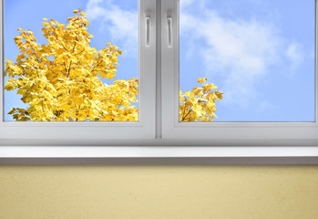 Clean window with an empty sill and autumn landscape