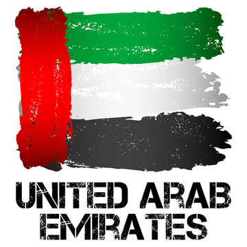 Flag Of United Arab Emirates From Brush Strokes In Grunge Style Isolated On White Background. Federal Absolute Monarchy In Western Asia At Arabian Peninsula On Persian Gulf. Vector Illustration