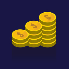 Gold coins vector icons, golden coins stacks and heaps. on blue background. illustration. logo. Symbols