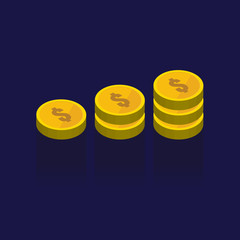 Gold coins vector icons, golden coins stacks and heaps. on blue background. illustration. logo. Symbols