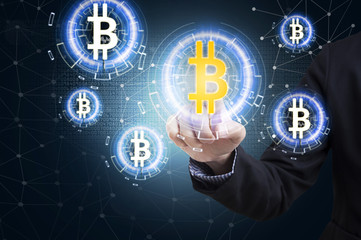 Business hand press offer bitcoin stock on virtual screen. concept investment finance digital technology.