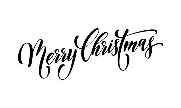 Merry Christmas winter holiday greeting card. Vector calligraphy hand drawn font lettering on white background for Christmas or New Year and Xmas celebration wish postcard