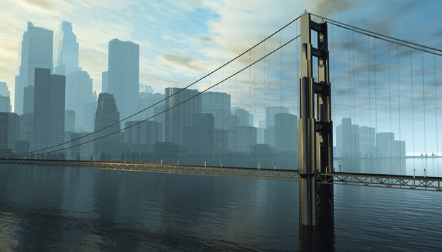 Fototapeta modern city with a bridge across the bay, a bridge at sunrise in the background of the city, 3d rendering  
