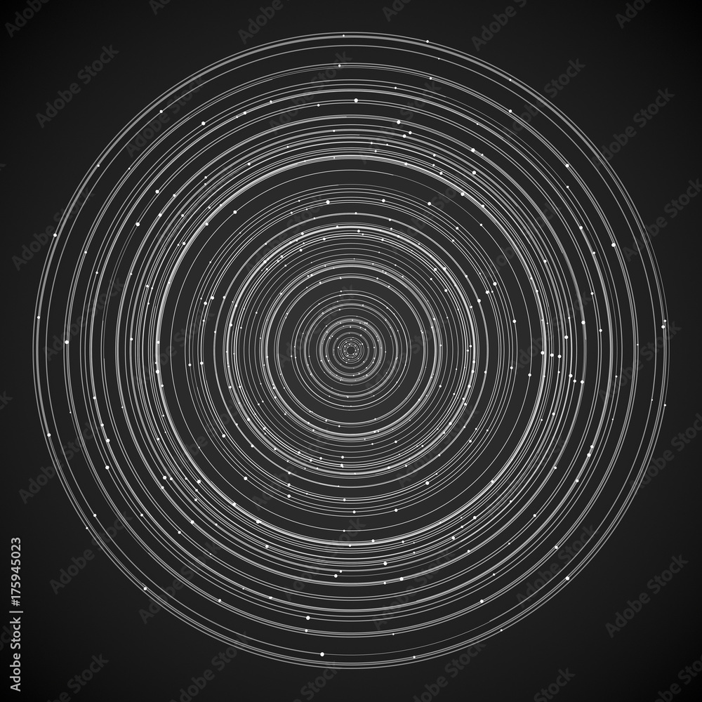 Poster magic white rings with small beads on a dark background. 3d rendering