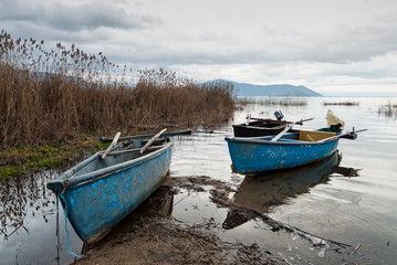 Obraz premium Traditional wooden boats at the Prespes lakes, Greece