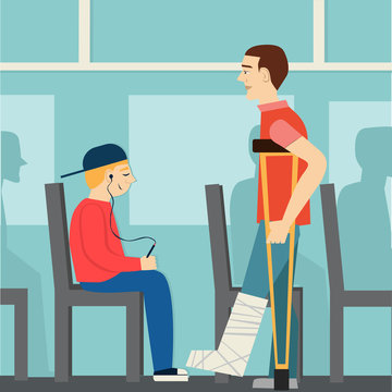 good manners. the boy on the bus gives way to disabled.etiquette.man on crutches.broken leg