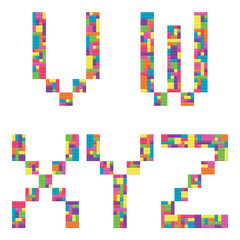 V, w, x, y, z alphabet letters from children building block icon set