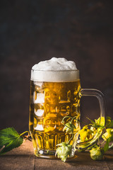 Mug of fresh beer with cap of foam and hops on dark background, front view