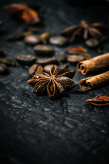 anise stars, cinnamon and coffee beans - a mixture of spices