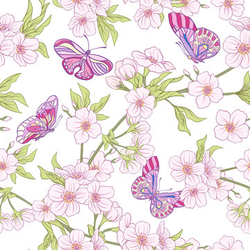 Seamless pattern with Japanese blossom sakura and butterflies. V