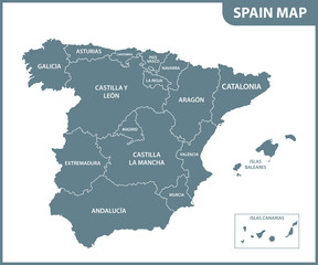The detailed map of the Spain with regions - obrazy, fototapety, plakaty