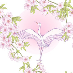 Seamless pattern with Japanese blossom sakura and crane, bird. V