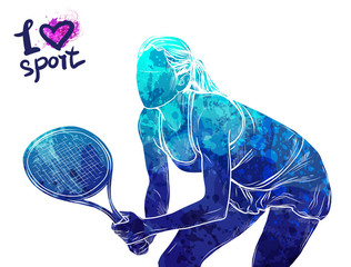 Bright watercolor silhouette of tennis player. Vector sport illustration. Graphic figure of the athlete. Active people. Recreation lifestyle. Logo I love sport.