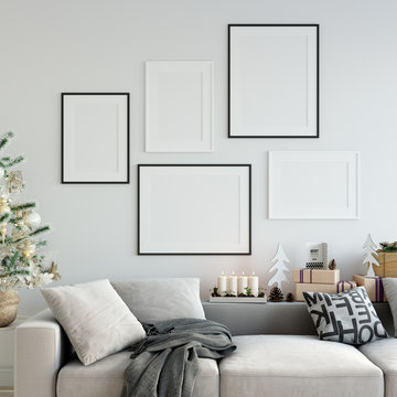  Mock Up Posters In Living Room Christmas Interior. Interior Scandinavian Style. 3d Rendering, 3d Illustration	