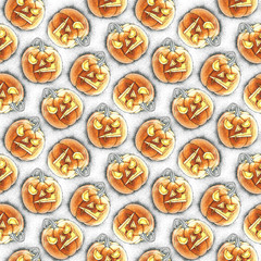 Watercolor illustration of seamless pattern with Halloween pumpkin. Isolated objects.