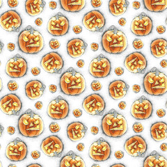 Watercolor illustration of seamless pattern with Halloween pumpkin. Isolated objects.