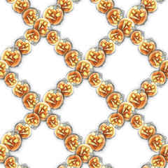 Watercolor illustration of seamless pattern with Halloween pumpkin.