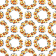 Watercolor illustration of seamless pattern with Halloween pumpkin. Isolated objects.