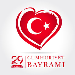 Cumhuriyet Bayrami 29 ekim card, heart emblem in national flag colors. Republic Day Turkey celebration poster. 29 ekim Cumhuriyet Bayrami vector illustration or template banner and poster