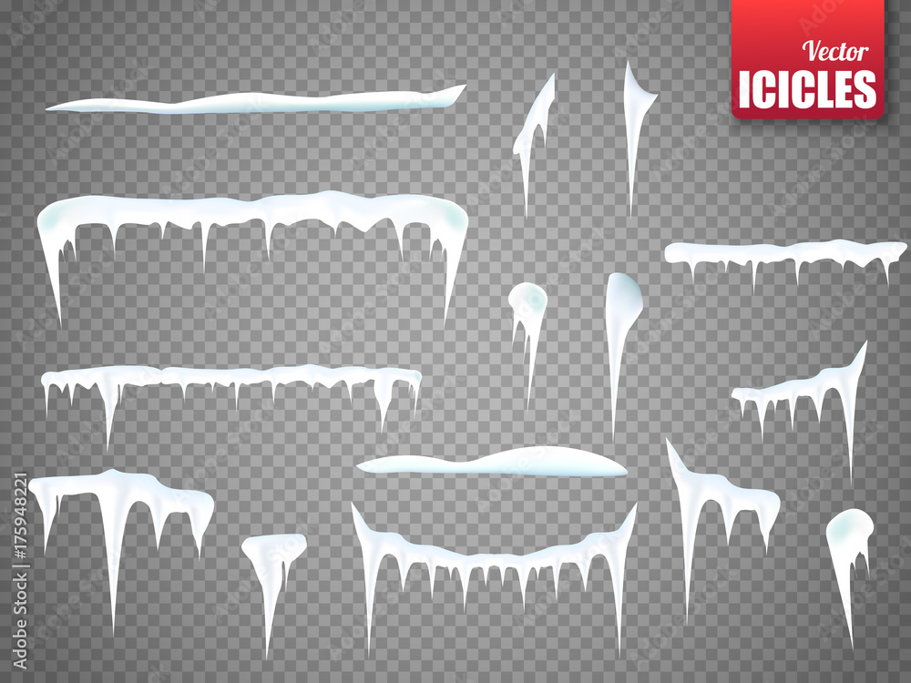 Poster set of snow icicles isolated on transparent background. vector