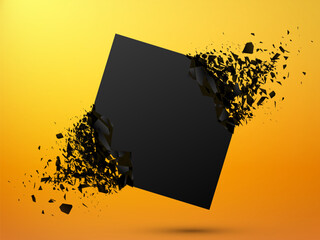 Black square with debris on yellow background. Abstract black explosion.