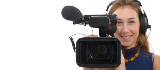 young woman with a camcorder, on white background