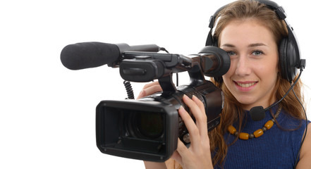 young woman with a camcorder, on white background