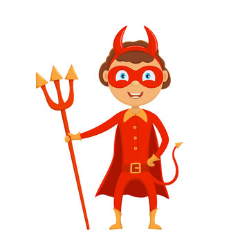 Halloween kid in red costume of devil
