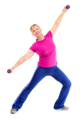 Pensioner woman sport. Full-length portrait of Old senior woman is engaged sports. Woman holding violet dumbbells and cheerfully smiling while doing sport exercises. isolated on white background