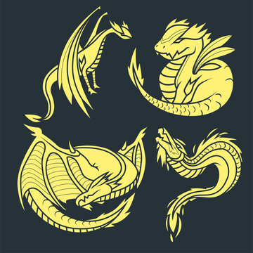 Chinese dragon silhouettes tattoo mythology tail monster magic icon asian animal art vector illustration.