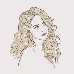 Young pretty woman portrait. Drawn elegant dreaming girl. Romantic lady