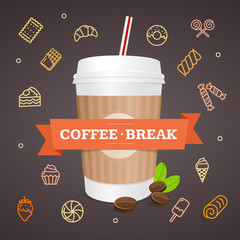 Realistic 3d Paper Cup Coffee Break Concept. Vector