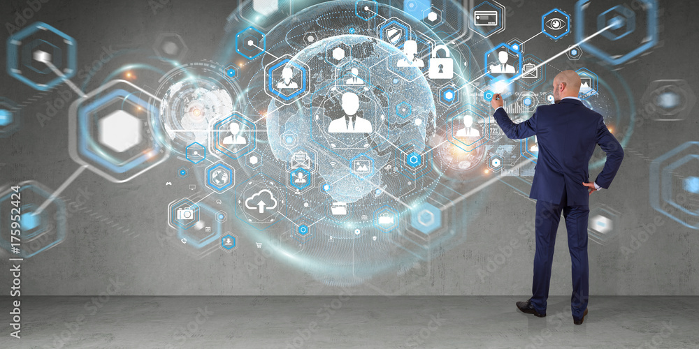 Aufkleber businessman using social network interface on a wall 3d rendering