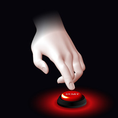 The finger presses the red power button