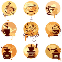 Set 2 of coffee cups and coffeemills icons on gunge background,