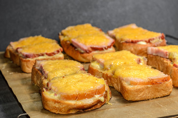 Six sandwiches with meat and cheese top view