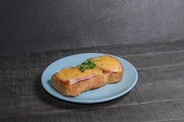 Sandwich with meat, cheese and greens on a blue plate