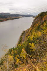 Obraz premium Autumn landscape, golden forest, river, cloudy day