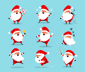 Collection of Christmas Santa Claus. Set of funny cartoon characters with different emotions. Vector illustration isolated on light blue - 175952874