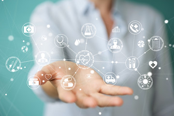 Businesswoman using digital medical interface 3D rendering