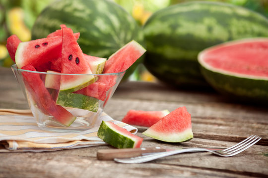 Fresh watermelon slices in clear bowl