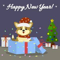 Postcard with cute dog corgi in Santa hat and scarf, sits in a gift box with a sweets, next to a Christmas tree on a dark background.