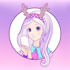 Young nice girl with long multi colored pink hear and deer's hor